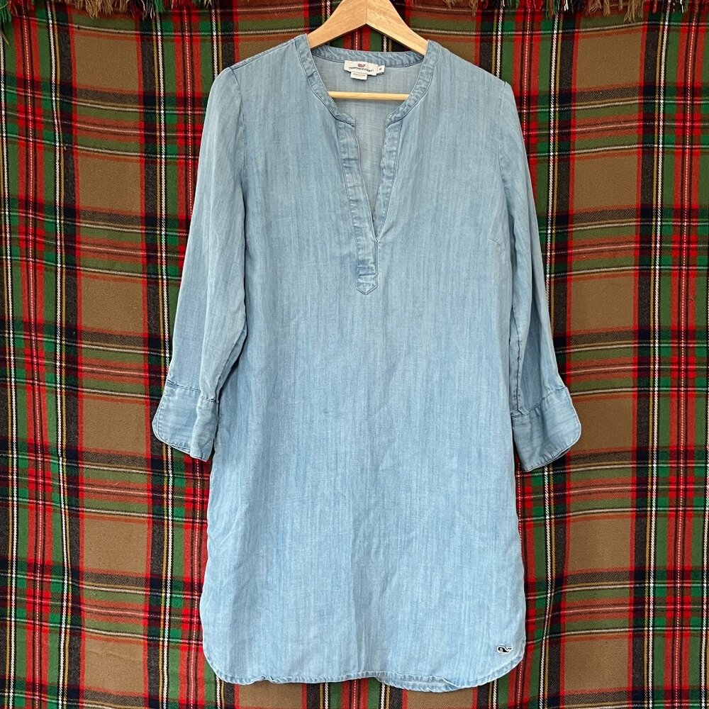 Vineyard Vines Shirt Dress Tunic V-neck 3/4 Sleeve Chambray Size 10